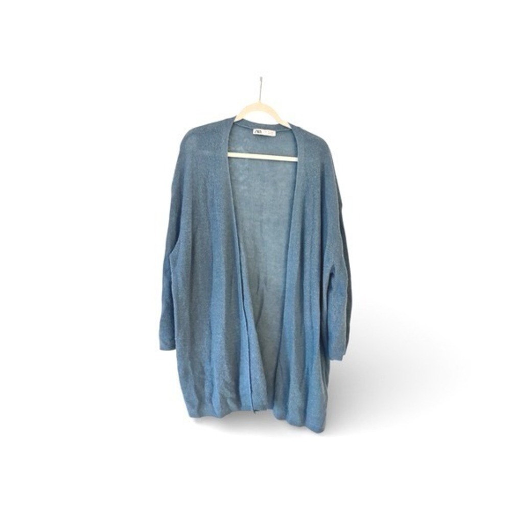 Zara Blue Wool Alpaca Blend Open Front Knit Cardigan Sweater Womens Large